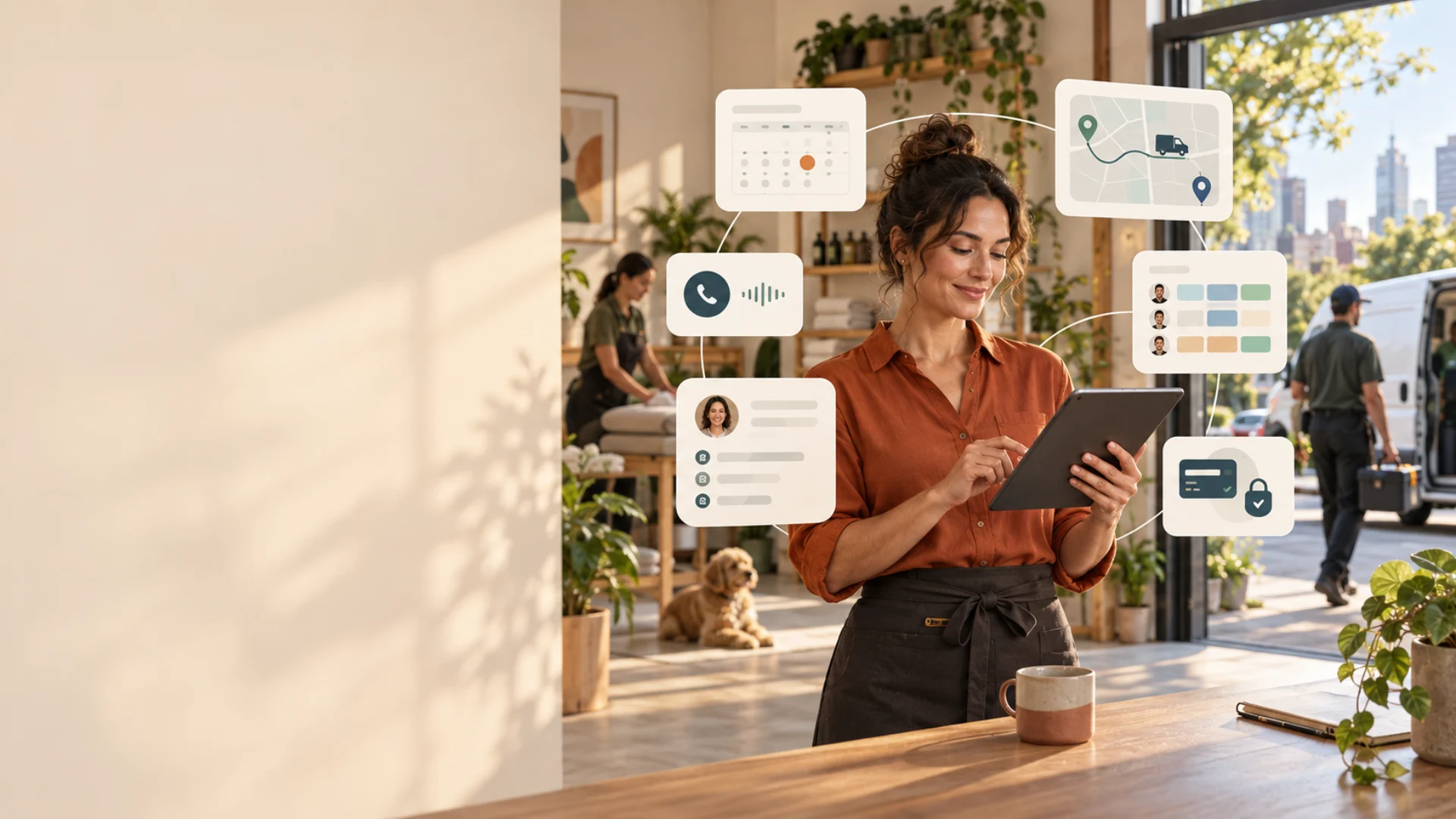 Service-business professionals coordinating bookings, customer calls, routes, and payments with Bright Canoe