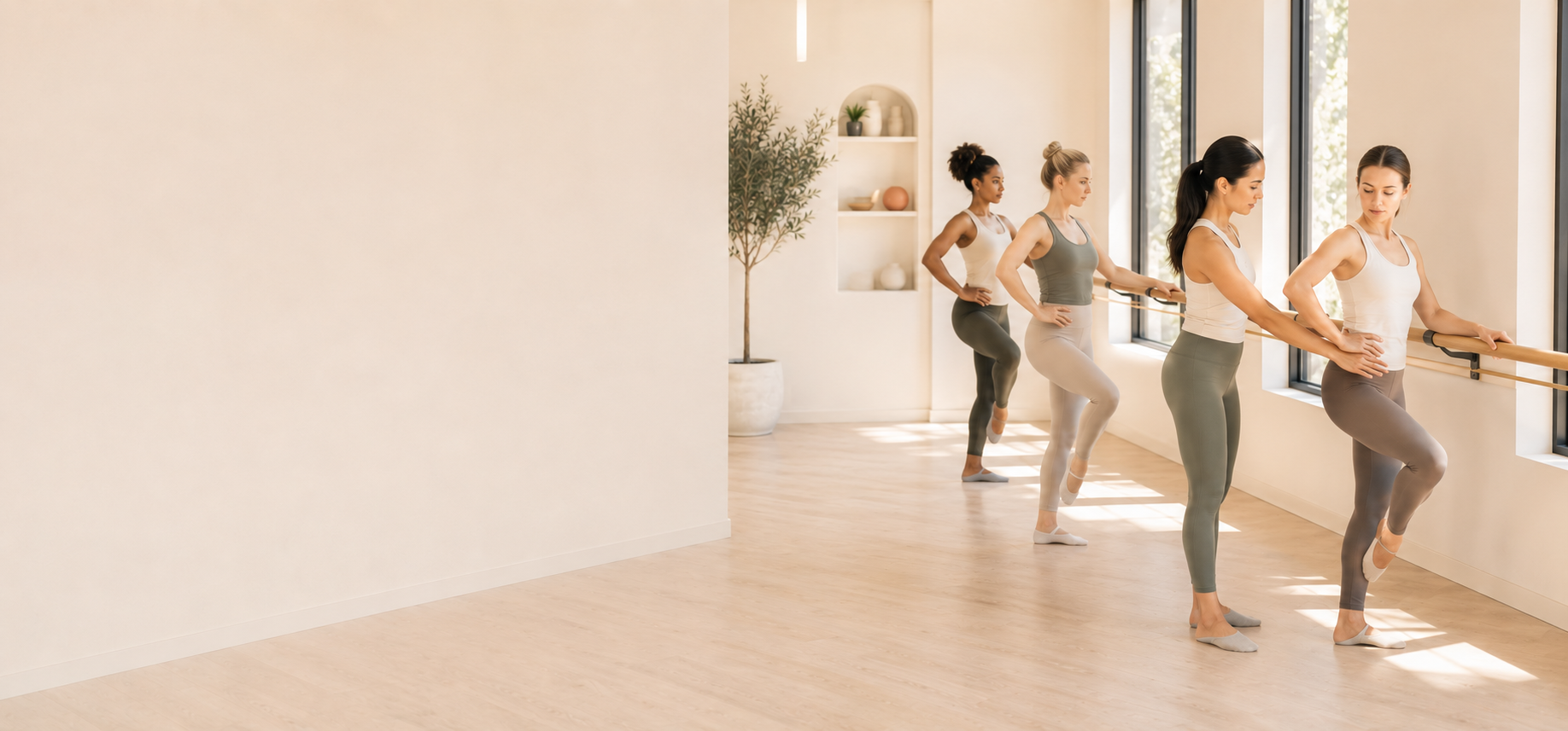 Barre instructor leading a small class in an elegant fitness studio