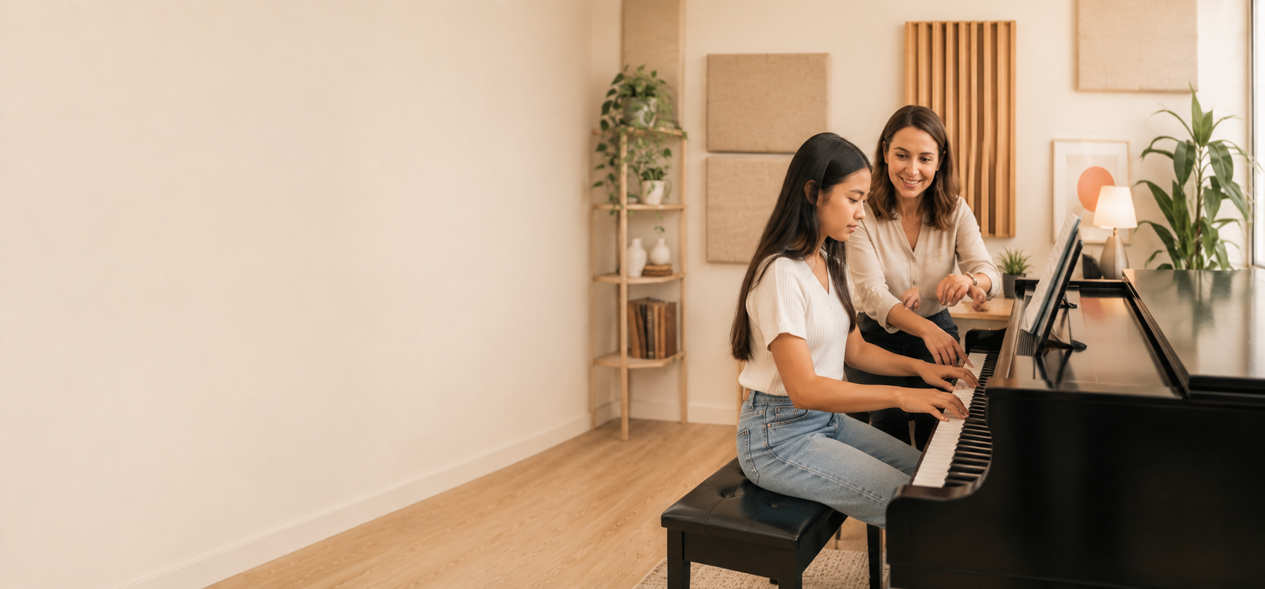 Music teacher working with a student at a piano in a modern lesson studio