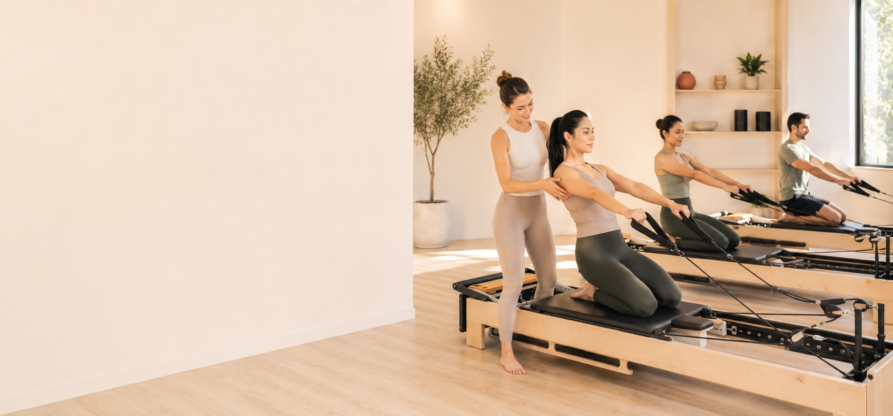 Pilates instructor assisting clients during a reformer class