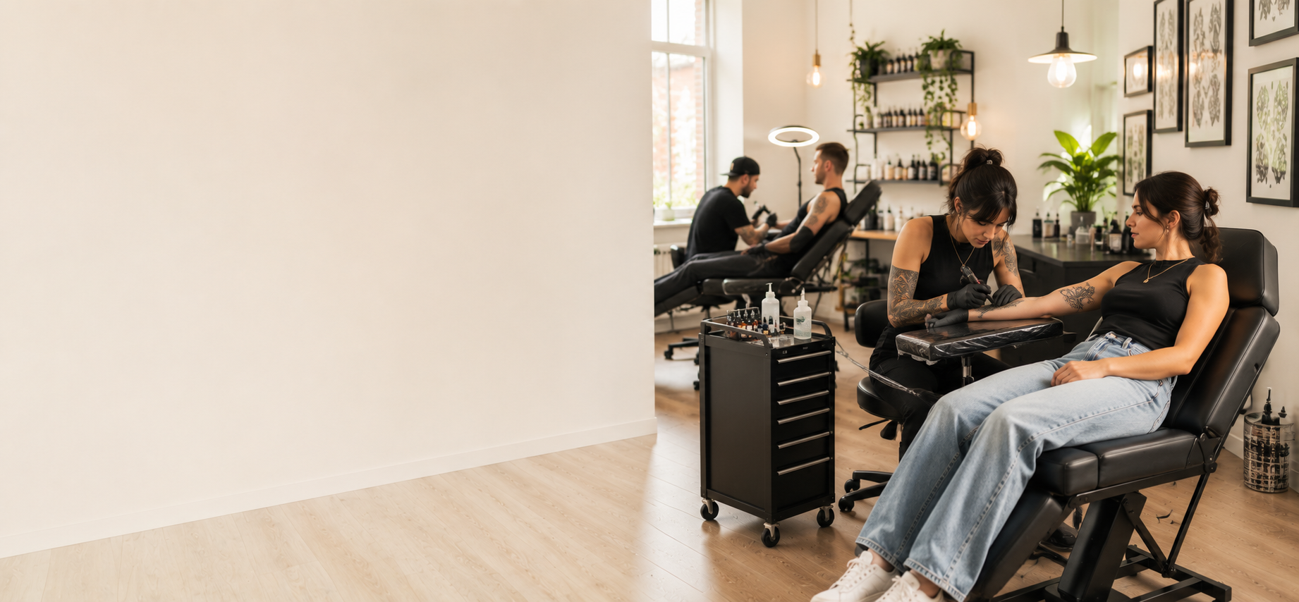 Tattoo artist consulting with a client in a clean contemporary studio