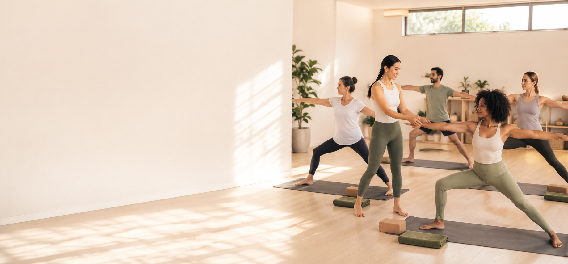 Yoga teacher leading a calm small-group class in a sunlit studio